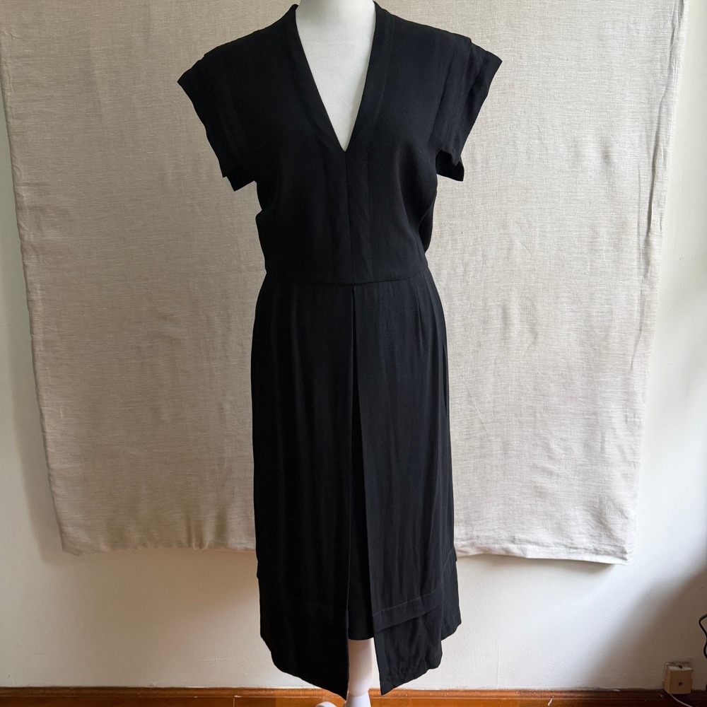 Pauline Trigere Vintage Linen V-Neck Layered Split Midi Dress Black Minimalist